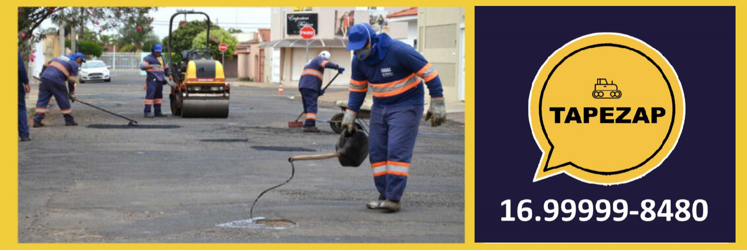 No banner foto de funcionário da EMDEF realizando o serviço de tapa buracos na malha asfáltica da cidade de Franca.
